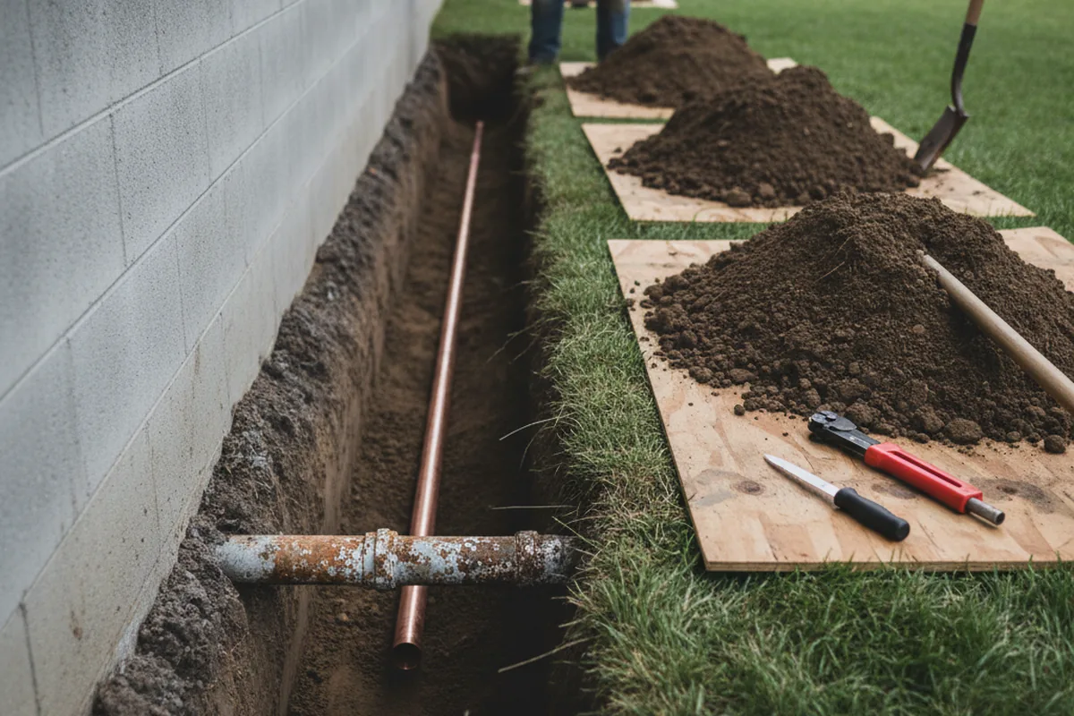Excavated water line trench during Water Softener Installation in Moravia